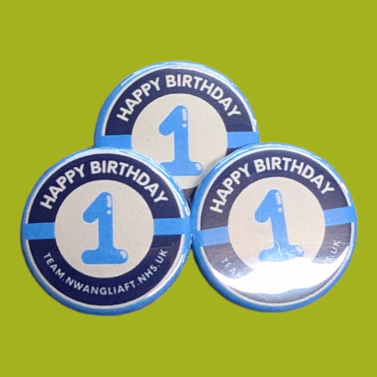 25mm diameter button badge with 1st birthday print