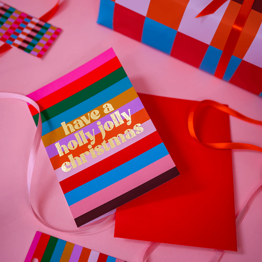 Brightly coloured Christmas cards with gold foiling for Maddison Ball Creative